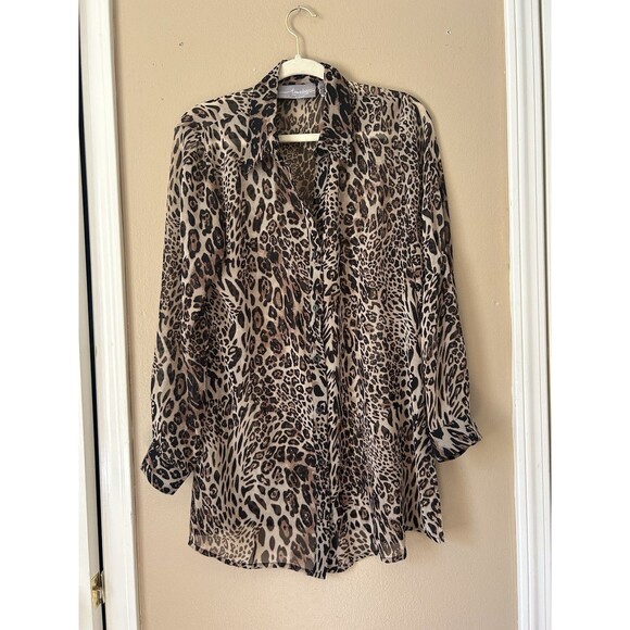Chico’s Leopard Print Sheer Blouse Top Button Down Long Sleeve Pockets Tunic M 1 - Picture 1 of 7